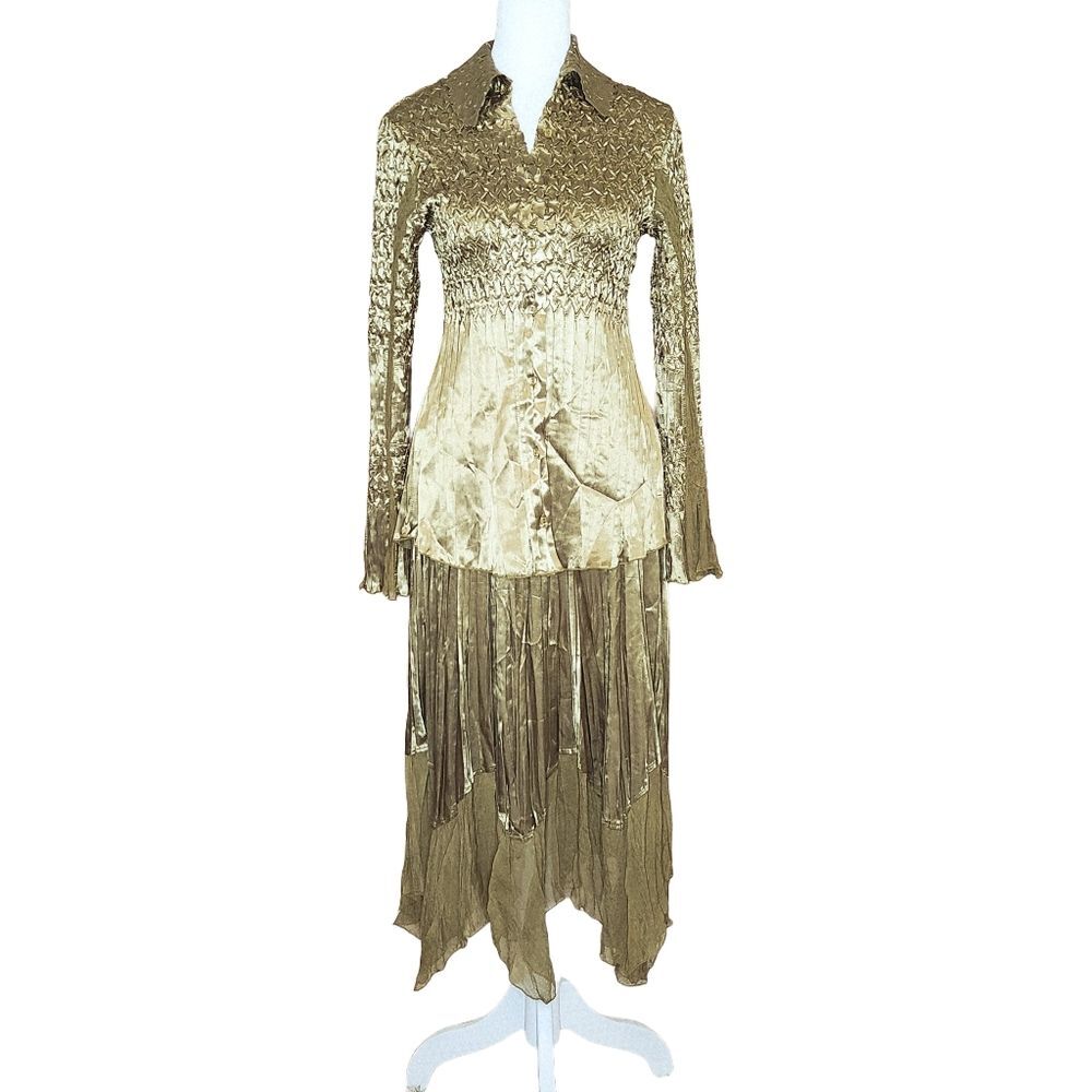 Vintage Komarov Y2K Metallic Green Satin Pleated 2PC Skirt Set Small Fairycore